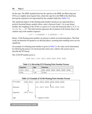50 Part 2
www.newnespress.com
for the sign. The IEEE standard form has the sign bit as the MSB, but Microchip and
CCS use a slightly more logical form, where the sign bit is the MSB of the third byte,
leaving the exponent to be represented by the complete high byte (Table 2.3).
The significant figures of the floating point number (mantissa) are represented by a
positive fractional binary number whose value is between 0 and 1. As in any binary
number, the weighting of the 23 bits is a power of 2 series but fractional, that is, ½, ¼, 1⁄8,
1⁄16, 1⁄32, 1⁄64, …, ½23
. The final fraction represents the resolution of the format, that is, the
smallest step in the number sequence:
1/223
= 1/8388608 ⬇ 0.0000001 = 10–7
Hence, 32-bit floating point numbers are precise to about seven decimal places. The final
result can therefore be quoted to six decimal places, assuming that rounding errors are not
significant.
An example of a floating point number is given in Table 2.4. Its value can be determined
by following the process of conversion that comes next, which is the easiest way to
describe the FP format.
The 32-bit FP number given is
1000 0011 1101 0010 0000 0000 0000 0000
Table 2.3: Microchip/CCS Floating Point Number Format
Exponent Sign Mantissa
eeee eeee s mmm mmmm mmmm mmmm mmmm mmmm
8 bits 1 bit 23 bits
Table 2.4: Example of 32-Bit Floating Point Number Format
FP number: 1000 0011 1101 0010 0000 0000 0000 0000
Mantissa: 101 0010 0000 0000 0000 0000
Exponent: 1000 0011
Sign: 1  negative number
Ch02-H8960.indd 50
Ch02-H8960.indd 50 6/10/2008 5:10:44 PM
6/10/2008 5:10:44 PM
 