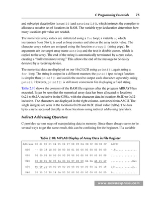 C Programming Essentials 75
www.newnespress.com
and subscript placeholder (anum[10]and astring[16]), which instructs the compiler to
allocate a suitable set of locations in RAM. The variable type declaration determines how
many locations per value are needed.
The numerical array values are initialized using a for loop; a variable n, which
increments from 0 to 9, is used as loop counter and also as the array index value. The
character array values are assigned using the function strcpy() (string copy). Its
arguments are the target array name astring and the text in double quotes, which is
copied to the array. The end of the string is automatically terminated by a zero value,
creating a “null terminated string.” This allows the end of the message to be easily
detected by a receiving device.
The numerical data are displayed on our 16x2 LCD using printf(), again using a
for loop. The string is output in a different manner; the puts() (put string) function
is simpler than printf() and avoids the need to output each character separately, using
putc(). However, printf() is still more convenient for displaying a fixed string.
Table 2.10 shows the contents of the RAM file registers after the program ARRAYS has
executed. It can be seen that the numerical array data has been allocated to locations
0x21 to 0x2A inclusive in the GPRs, with the character data in locations 0x2D to 0x32
inclusive. The characters are displayed in the right column, converted from ASCII. The
single integers are seen in the locations 0x2B and 0x2C (final value 0x0A). The data
bytes can be accessed directly in these locations using indirect addressing operators.
Indirect Addressing Operators
C provides various ways of manipulating data in memory. Since there always seems to be
several ways to get the same result, this can be confusing for the beginner. If a variable
Table 2.10: MPLAB Display of Array Data in File Register
Address 00 01 02 03 04 05 06 07 08 09 0A 0B 0C 0D 0E 0F ASCII
000 -- 00 38 1C 00 00 00 00 01 00 00 00 00 00 00 00 –.8..... ........
010 00 00 00 00 00 00 00 00 00 00 00 00 00 00 00 00 ........ ........
020 00 00 01 02 03 04 05 06 07 08 09 0A 0A 48 65 6C ........ .....Hel
030 6C 6F 21 00 00 00 00 00 00 00 00 00 00 32 00 18 lo!..... .....2..
040 20 20 20 39 14 0A 00 00 00 00 00 00 00 00 00 00 9....... ........
Ch02-H8960.indd 75
Ch02-H8960.indd 75 6/10/2008 5:10:48 PM
6/10/2008 5:10:48 PM
 