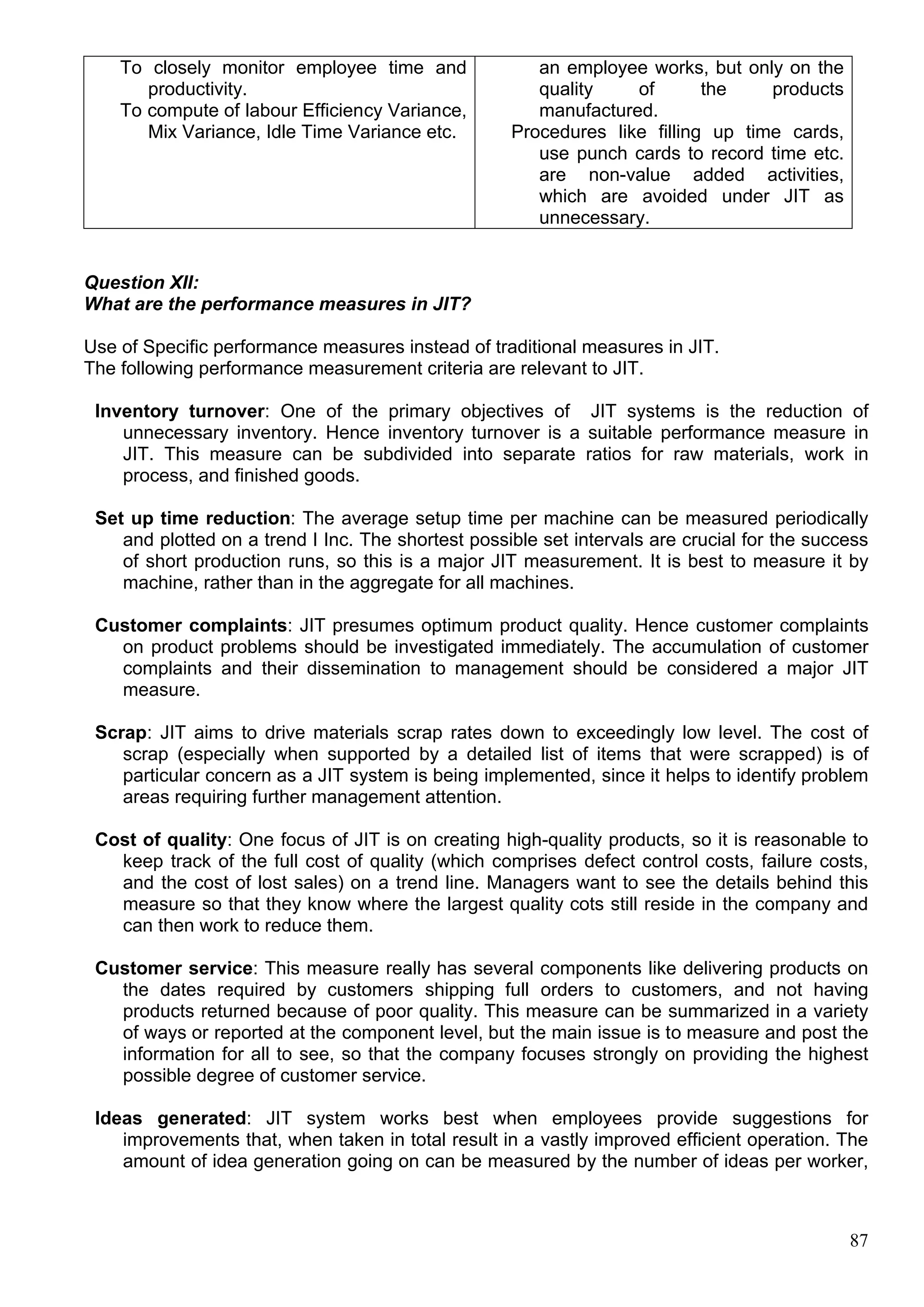 87
To closely monitor employee time and
productivity.
To compute of labour Efficiency Variance,
Mix Variance, Idle Time Variance etc.
an employee works, but only on the
quality of the products
manufactured.
Procedures like filling up time cards,
use punch cards to record time etc.
are non-value added activities,
which are avoided under JIT as
unnecessary.
Question XII:
What are the performance measures in JIT?
Use of Specific performance measures instead of traditional measures in JIT.
The following performance measurement criteria are relevant to JIT.
Inventory turnover: One of the primary objectives of JIT systems is the reduction of
unnecessary inventory. Hence inventory turnover is a suitable performance measure in
JIT. This measure can be subdivided into separate ratios for raw materials, work in
process, and finished goods.
Set up time reduction: The average setup time per machine can be measured periodically
and plotted on a trend I Inc. The shortest possible set intervals are crucial for the success
of short production runs, so this is a major JIT measurement. It is best to measure it by
machine, rather than in the aggregate for all machines.
Customer complaints: JIT presumes optimum product quality. Hence customer complaints
on product problems should be investigated immediately. The accumulation of customer
complaints and their dissemination to management should be considered a major JIT
measure.
Scrap: JIT aims to drive materials scrap rates down to exceedingly low level. The cost of
scrap (especially when supported by a detailed list of items that were scrapped) is of
particular concern as a JIT system is being implemented, since it helps to identify problem
areas requiring further management attention.
Cost of quality: One focus of JIT is on creating high-quality products, so it is reasonable to
keep track of the full cost of quality (which comprises defect control costs, failure costs,
and the cost of lost sales) on a trend line. Managers want to see the details behind this
measure so that they know where the largest quality cots still reside in the company and
can then work to reduce them.
Customer service: This measure really has several components like delivering products on
the dates required by customers shipping full orders to customers, and not having
products returned because of poor quality. This measure can be summarized in a variety
of ways or reported at the component level, but the main issue is to measure and post the
information for all to see, so that the company focuses strongly on providing the highest
possible degree of customer service.
Ideas generated: JIT system works best when employees provide suggestions for
improvements that, when taken in total result in a vastly improved efficient operation. The
amount of idea generation going on can be measured by the number of ideas per worker,
 