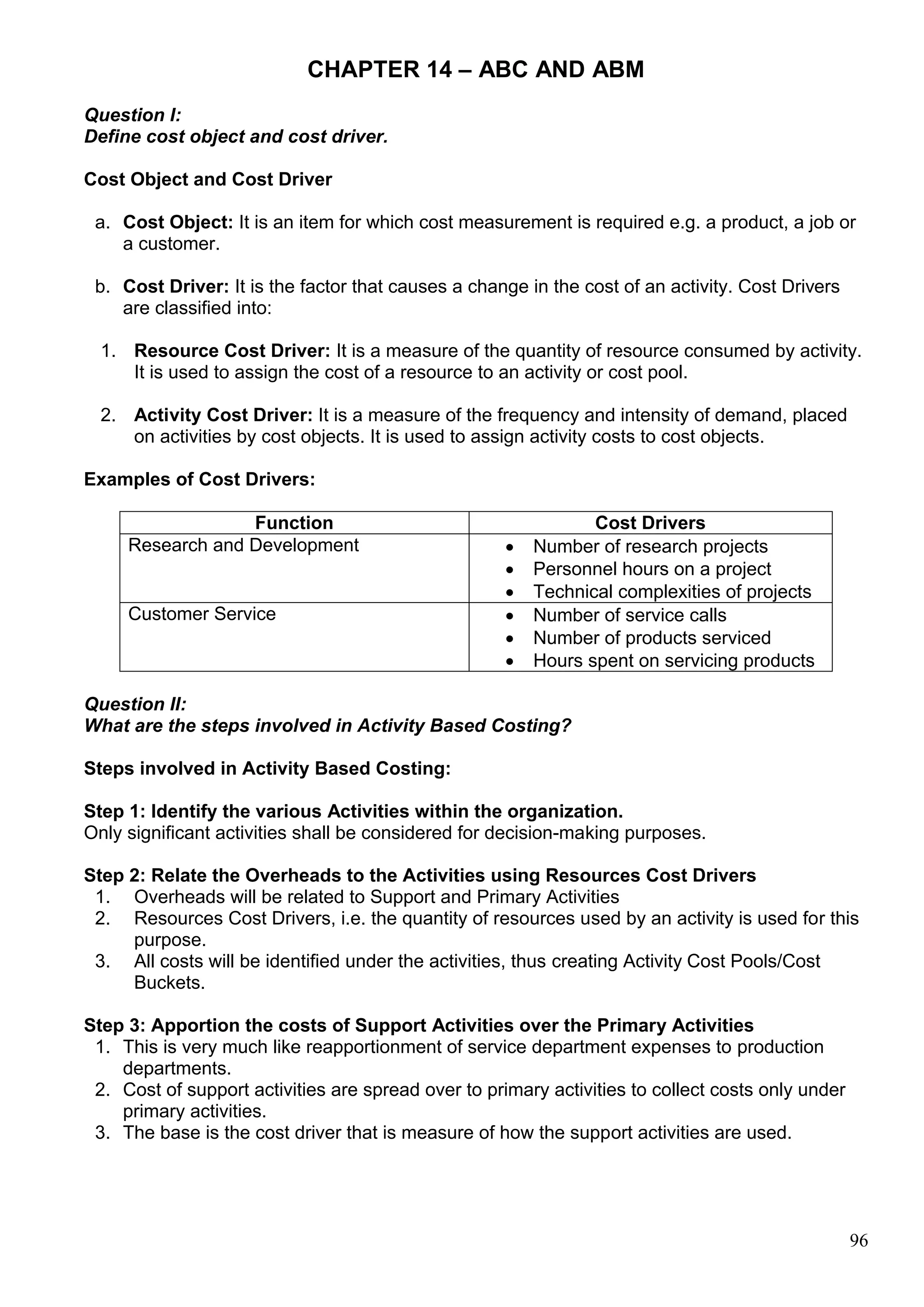 96
CHAPTER 14 – ABC AND ABM
Question I:
Define cost object and cost driver.
Cost Object and Cost Driver
a. Cost Object: It is an item for which cost measurement is required e.g. a product, a job or
a customer.
b. Cost Driver: It is the factor that causes a change in the cost of an activity. Cost Drivers
are classified into:
1. Resource Cost Driver: It is a measure of the quantity of resource consumed by activity.
It is used to assign the cost of a resource to an activity or cost pool.
2. Activity Cost Driver: It is a measure of the frequency and intensity of demand, placed
on activities by cost objects. It is used to assign activity costs to cost objects.
Examples of Cost Drivers:
Function Cost Drivers
Research and Development  Number of research projects
 Personnel hours on a project
 Technical complexities of projects
Customer Service  Number of service calls
 Number of products serviced
 Hours spent on servicing products
Question II:
What are the steps involved in Activity Based Costing?
Steps involved in Activity Based Costing:
Step 1: Identify the various Activities within the organization.
Only significant activities shall be considered for decision-making purposes.
Step 2: Relate the Overheads to the Activities using Resources Cost Drivers
1. Overheads will be related to Support and Primary Activities
2. Resources Cost Drivers, i.e. the quantity of resources used by an activity is used for this
purpose.
3. All costs will be identified under the activities, thus creating Activity Cost Pools/Cost
Buckets.
Step 3: Apportion the costs of Support Activities over the Primary Activities
1. This is very much like reapportionment of service department expenses to production
departments.
2. Cost of support activities are spread over to primary activities to collect costs only under
primary activities.
3. The base is the cost driver that is measure of how the support activities are used.
 