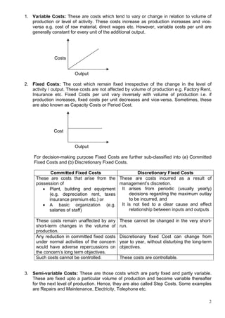 2
1. Variable Costs: These are costs which tend to vary or change in relation to volume of
production or level of activity. These costs increase as production increases and vice-
versa e.g. cost of raw material, direct wages etc. However, variable costs per unit are
generally constant for every unit of the additional output.
Costs
Output
2. Fixed Costs: The cost which remain fixed irrespective of the change in the level of
activity / output. These costs are not affected by volume of production e.g. Factory Rent,
Insurance etc. Fixed Costs per unit vary inversely with volume of production i.e. if
production increases, fixed costs per unit decreases and vice-versa. Sometimes, these
are also known as Capacity Costs or Period Cost.
Cost
Output
For decision-making purpose Fixed Costs are further sub-classified into (a) Committed
Fixed Costs and (b) Discretionary Fixed Costs.
Committed Fixed Costs Discretionary Fixed Costs
These are costs that arise from the
possession of
 Plant, building and equipment
(e.g. depreciation rent, taxes
insurance premium etc.) or
 A basic organization (e.g.
salaries of staff)
These are costs incurred as a result of
management’s discretion.
It arises from periodic (usually yearly)
decisions regarding the maximum outlay
to be incurred, and
It is not tied to a clear cause and effect
relationship between inputs and outputs
These costs remain unaffected by any
short-term changes in the volume of
production.
These cannot be changed in the very short-
run.
Any reduction in committed fixed costs
under normal activities of the concern
would have adverse repercussions on
the concern’s long term objectives.
Discretionary fixed Cost can change from
year to year, without disturbing the long-term
objectives.
Such costs cannot be controlled. These costs are controllable.
3. Semi-variable Costs: These are those costs which are party fixed and partly variable.
These are fixed upto a particular volume of production and become variable thereafter
for the next level of production. Hence, they are also called Step Costs. Some examples
are Repairs and Maintenance, Electricity, Telephone etc.
 