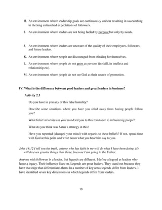 H. An environment where leadership goals are continuously unclear resulting in succumbing
      to the long entrenched expectations of followers.

   I. An environment where leaders are not being fueled by purpose but only by needs.



   J. An environment where leaders are unaware of the quality of their employees, followers
      and future leaders.

   K. An environment where people are discouraged from thinking for themselves.

   L. An environment where people do not grow as persons (in skill, in intellect and
      relationship etc).

   M. An environment where people do not see God as their source of promotion.



IV. What is the difference between good leaders and great leaders in business?

    Activity 2.3

       Do you have in you any of this false humility?

       Describe some situations where you have you shied away from having people follow
       you?

       What belief structures in your mind led you to this resistance to influencing people?

       What do you think was Satan’s strategy in this?

       Have you repented (changed your mind) with regards to these beliefs? If not, spend time
       with God at this point and write down what you hear him say to you.


John 14:12 I tell you the truth, anyone who has faith in me will do what I have been doing. He
   will do even greater things than these, because I am going to the Father.

Anyone with followers is a leader. But legends are different. I define a legend as leaders who
leave a legacy. Their influence lives on. Legends are great leaders. They stand out because they
have that edge that differentiates them. In a number of key areas legends differ from leaders. I
have identified seven key dimensions in which legends differ from leaders.




                                               10
 