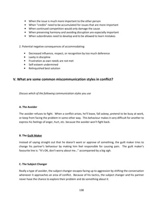 •   When the issue is much more important to the other person
       •   When “credits” need to be accumulated for issues that are more important
       •   When continued competition would only damage the cause
       •   When preserving harmony and avoiding disruption are especially important
       •   When subordinates need to develop and to be allowed to learn mistakes


   2. Potential negative consequences of accommodating:

       •   Decreased influence, respect, or recognition by too much deference
       •   Laxity in discipline
       •   Frustration as own needs are not met
       •   Self-esteem undermined
       •   Relinquished best solution


V. What are some common miscommunication styles in conflict?


   Discuss which of the following communication styles you use



   A. The Avoider

   The avoider refuses to fight. When a conflict arises, he’ll leave, fall asleep, pretend to be busy at work,
   or keep from facing the problem in some other way. This behaviour makes it very difficult for another to
   express his feelings of anger, hurt, etc. because the avoider won’t fight back.



   B. The Guilt Maker

   Instead of saying straight out that he doesn’t want or approve of something, the guilt maker tries to
   change his partner’s behaviour by making him feel responsible for causing pain. The guilt maker’s
   favourite line is: “It’s OK, don’t worry about me…” accompanied by a big sigh.



   C. The Subject Changer

   Really a type of avoider, the subject changer escapes facing up to aggression by shifting the conversation
   whenever it approaches an area of conflict. Because of his tactics, the subject changer and his partner
   never have the chance to explore their problem and do something about it.


                                                      138
 
