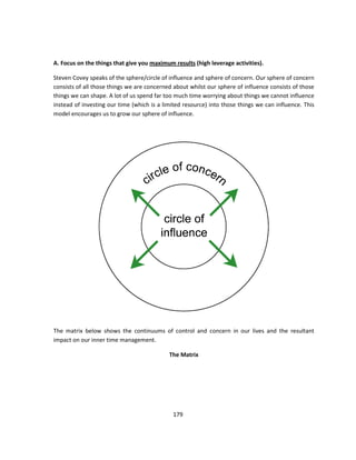A. Focus on the things that give you maximum results (high leverage activities).

Steven Covey speaks of the sphere/circle of influence and sphere of concern. Our sphere of concern
consists of all those things we are concerned about whilst our sphere of influence consists of those
things we can shape. A lot of us spend far too much time worrying about things we cannot influence
instead of investing our time (which is a limited resource) into those things we can influence. This
model encourages us to grow our sphere of influence.




The matrix below shows the continuums of control and concern in our lives and the resultant
impact on our inner time management.

                                            The Matrix




                                             179
 
