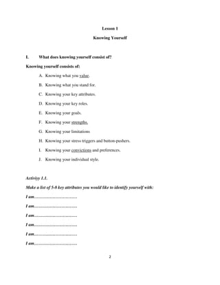Lesson 1

                                       Knowing Yourself



I.     What does knowing yourself consist of?

Knowing yourself consists of:

       A. Knowing what you value.

       B. Knowing what you stand for.

       C. Knowing your key attributes.

       D. Knowing your key roles.

       E. Knowing your goals.

       F. Knowing your strengths.

       G. Knowing your limitations

       H. Knowing your stress triggers and button-pushers.

       I. Knowing your convictions and preferences.

       J. Knowing your individual style.



Activiyy 1.1.

Make a list of 5-8 key attributes you would like to identify yourself with:

I am…………………………

I am…………………………

I am…………………………

I am…………………………

I am…………………………

I am…………………………


                                                2
 
