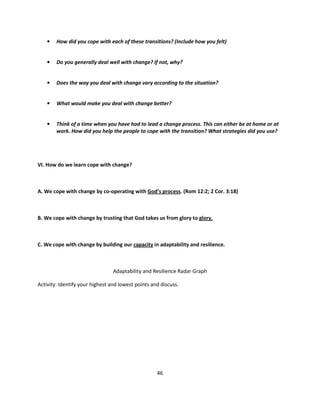 •   How did you cope with each of these transitions? (Include how you felt)


    •   Do you generally deal well with change? If not, why?


    •   Does the way you deal with change vary according to the situation?


    •   What would make you deal with change better?


    •   Think of a time when you have had to lead a change process. This can either be at home or at
        work. How did you help the people to cope with the transition? What strategies did you use?




VI. How do we learn cope with change?



A. We cope with change by co-operating with God’s process. (Rom 12:2; 2 Cor. 3:18)



B. We cope with change by trusting that God takes us from glory to glory.



C. We cope with change by building our capacity in adaptability and resilience.



                                 Adaptability and Resilience Radar Graph

Activity: Identify your highest and lowest points and discuss.




                                                    46
 