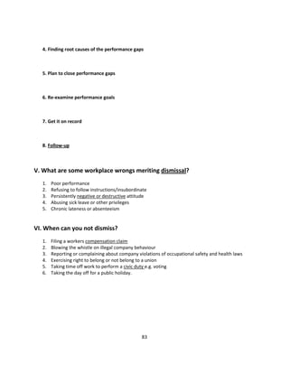 4. Finding root causes of the performance gaps



  5. Plan to close performance gaps



  6. Re-examine performance goals



  7. Get it on record



  8. Follow-up



V. What are some workplace wrongs meriting dismissal?
  1.   Poor performance
  2.   Refusing to follow instructions/insubordinate
  3.   Persistently negative or destructive attitude
  4.   Abusing sick leave or other privileges
  5.   Chronic lateness or absenteeism


VI. When can you not dismiss?
  1.   Filing a workers compensation claim
  2.   Blowing the whistle on illegal company behaviour
  3.   Reporting or complaining about company violations of occupational safety and health laws
  4.   Exercising right to belong or not belong to a union
  5.   Taking time off work to perform a civic duty e.g. voting
  6.   Taking the day off for a public holiday.




                                                 83
 