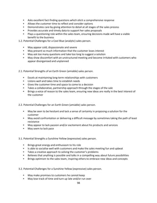 •   Asks excellent fact-finding questions which elicit a comprehensive response
    •   Allows the customer time to reflect and consider options
    •   Demonstrates care by giving attention to detail at all stages of the sales process
    •   Provides accurate and timely data to support her sales proposals
    •   Plays a questioning role within the sales team, ensuring decisions made will have a viable
        benefit to the business
1.2. Potential Challenges for a Cool Blue (analytic) sales person.

    •   May appear cold, dispassionate and severe
    •   May present so much information that the customer loses interest
    •   May ask too many questions and take too long to suggest a solution
    •   May show discomfort with an unstructured meeting and become irritated with customers who
        appear disorganised and unplanned


2.1. Potential Strengths of an Earth Green (amiable) sales person.

    •   Excels at maintaining long-term relationships with customers
    •   Listens well and takes time to establish needs
    •   Gives the customer time and space to come to a decision
    •   Takes a collaborative, partnership approach through the stages of the sale
    •   Brings a voice of reason to the sales team, ensuring new ideas are really in the best interest of
        the customer


2.2. Potential Challenges for an Earth Green (amiable) sales person.

    •   May be seen to be hesitant and lack a sense of certainty in proposing a solution for the
        customer
    •   May avoid confrontation or delivering a difficult message by sometimes taking the path of least
        resistance
    •   May appear to lack passion and/or excitement about his products and services
    •   May seem to lack pace


3.1. Potential Strengths a Sunshine Yellow (expressive) sales person.

    •   Brings great energy and enthusiasm to his role
    •   Is able to socialise well with customers and make the sales meeting fun and upbeat
    •   Takes a creative approach to solving the customer’s problems
    •   Believes that anything is possible and talks in a compelling way about future possibilities
    •   Brings optimism to the sales team, inspiring others to embrace new ideas and concepts


3.2. Potential Challenges for a Sunshine Yellow (expressive) sales person.

    •   May make promises to customers he cannot keep
    •   May lose track of time and turn up late and/or run over
                                                   98
 
