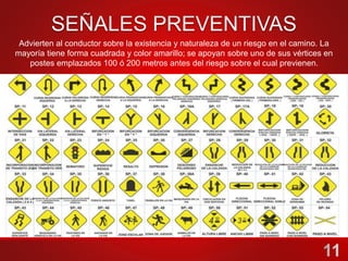Advierten al conductor sobre la existencia y naturaleza de un riesgo en el camino. La
mayoría tiene forma cuadrada y color amarillo; se apoyan sobre uno de sus vértices en
postes emplazados 100 ó 200 metros antes del riesgo sobre el cual previenen.
 
