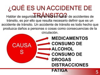 Hablar de seguridad hoy en día es hablar de accidentes de
tránsito, es por ello que resulta necesario definir que es un
accidente de tránsito. Un accidente de tránsito es todo hecho que
produzca daños a personas o cosas como consecuencias de la
circulación.
CAUSA
S
MEDICAMENTOS
CONSUMO DE
ALCOHOL
CONSUMO DE
DROGAS
DISTRACCIONES
FATIGA
 