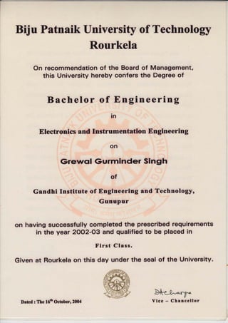 Biju Patnaik University of Technology
Rourkela
On recommendation of the Board
this University hereby confers
of Management,
the Degree of
Bachelor of Engineering
in
Etrectronics and Instrumentation Engineering
on
(}rewcll Gurrninder Singh
of
Gandhi Institute of Engineering and Technolosyo
Gunupur
$n having successfully completed ths prescribed requirements
in the ysar 2OO2-O3 and gualified to be placed in
First Class.
Given at Hourkela on this day under the seal of the Univer$ity'
MrV-*-
Dated I Ths tO'h Octoberr 2004 Vice F Chancellor
 