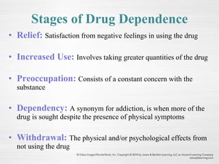 Stages of Drug Dependence
• Relief: Satisfaction from negative feelings in using the drug
• Increased Use: Involves taking greater quantities of the drug
• Preoccupation: Consists of a constant concern with the
substance
• Dependency: A synonym for addiction, is when more of the
drug is sought despite the presence of physical symptoms
• Withdrawal: The physical and/or psychological effects from
not using the drug
 