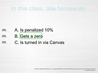 In this class, late homework:
0%
0%
0% A. Is penalized 10%
B. Gets a zero
C. Is turned in via Canvas
 