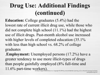 Education: College graduates (5.4%) had the
lowest rate of current illicit drug use, while those who
did not complete high school (11.1%) had the highest
use of illicit drugs. Past-month alcohol use increased
with higher levels of completed education (35.1%
with less than high school vs. 68.2% of college
graduates
.Employment: Unemployed persons (17.2%) have a
greater tendency to use more illicit-types of drugs
than people gainfully employed (8% full-time and
11.6% part-time workers).
Drug Use: Additional Findings
(continued)
 