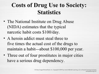 Costs of Drug Use to Society:
Statistics
• The National Institute on Drug Abuse
(NIDA) estimates that the typical
narcotic habit costs $100/day.
• A heroin addict must steal three to
five times the actual cost of the drugs to
maintain a habit—about $100,000 per year.
• Three out of four prostitutes in major cities
have a serious drug dependency.
 