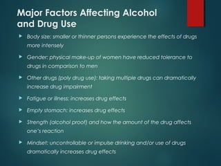 Major Factors Affecting Alcohol
and Drug Use
 Body size: smaller or thinner persons experience the effects of drugs
more intensely
 Gender: physical make-up of women have reduced tolerance to
drugs in comparison to men
 Other drugs (poly drug use): taking multiple drugs can dramatically
increase drug impairment
 Fatigue or illness: increases drug effects
 Empty stomach: increases drug effects
 Strength (alcohol proof) and how the amount of the drug affects
one’s reaction
 Mindset: uncontrollable or impulse drinking and/or use of drugs
dramatically increases drug effects
 