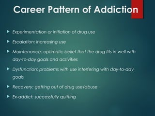 Career Pattern of Addiction
 Experimentation or initiation of drug use
 Escalation: increasing use
 Maintenance: optimistic belief that the drug fits in well with
day-to-day goals and activities
 Dysfunction: problems with use interfering with day-to-day
goals
 Recovery: getting out of drug use/abuse
 Ex-addict: successfully quitting
 
