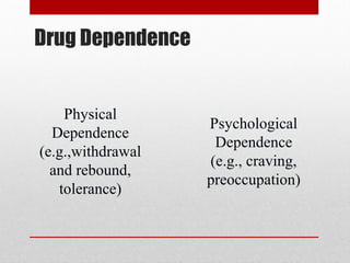 Drug Dependence
Physical
Dependence
(e.g.,withdrawal
and rebound,
tolerance)
Psychological
Dependence
(e.g., craving,
preoccupation)
 