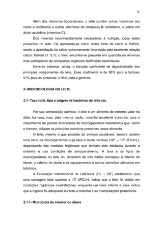 Além das vitaminas lipossolúveis, o leite contém outras vitaminas tais
como a riboflavina e outras vitaminas do complexo B; entretanto, é pobre em
ácido ascórbico (vitamina C).
Dos minerais reconhecidamente necessários à nutrição, todos estão
presentes no leite. Ele apresenta-se como ótima fonte de cálcio e fósforo,
sendo a assimilação do cálcio extremamente favorecida pela excelente relação
cálcio: fósforo (1 :0,7); o ferro encontra-se presente em quantidades mínimas
mas participando de compostos orgânicos facilmente assimiláveis.
Deve-se salientar, ainda, o elevado coeficiente de digestibilidade dos
principais componentes do leite. Esse coeficiente é de 98% para a lactose;
97% para as proteínas; e 95% para a gordura.
2- MICROBIOLOGIA DO LEITE
2.1- Taxa total, tipo e origem de bactérias do leite cru
Por sua composição química, o leite é um alimento de extremo valor na
dieta humana, mas, pela mesma razão, constitui excelente substrato para o
crescimento de grande diversidade de microrganismos heterótrofos que, como
o homem, utilizam os princípios nutritivos presentes nesse alimento.
O leite, mesmo o que procede de animais saudáveis, sempre contém
uma série de microrganismos cuja taxa é muito variável (103
– 106
UFC/mL),
dependendo das medidas higiênicas que tenham sido adotadas durante a
ordenha e das condições de armazenamento. A taxa e os tipos de
microrganismos no leite cru decorrem de três fontes principais: o interior do
úbere, o exterior do úbere e os equipamentos e outros utensílios utilizados em
laticínios.
A Federação Internacional de Laticínios (FIL – IDF) estabeleceu que
uma contagem total superior a 105
UFC/mL indica que o leite foi obtido em
condições higiênicas insatisfatórias, enquanto um valor inferior a esse indica
que a higiene foi adequada durante a ordenha e as manipulações posteriores.
2.1.1- Microbiota do interior do úbere
16
 
