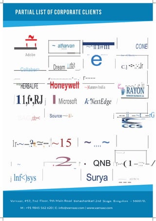 e
,~, ~ at.h..a...rv_an ~·=ii'ii#hi I CONEIAdobe
Dream 11rbit ,
'"' "" '''"'" lw~Cllo it.~
I I C.] ~=~.:-:JrCollaber=
.----- r-------'-,' r----
'°HERBALIFE. Honeywell ~)Leeeov1ndia e;,, ~~~;.e,btt
/11,f•,RJ j IMicrosoft k'NextEdge /
SAG,o
..b
.•
.<
. I Source~&!- j .--,ii_-~t_-rG
1r-~-.?.-w.~-,---.11~15 I ~ ....~ I'------...J
I ~ 11 .2_ 11 • QNB I r--~(1-:::·-./
j lnf<)sys I I Surya I ~
---rOTtC•t
 