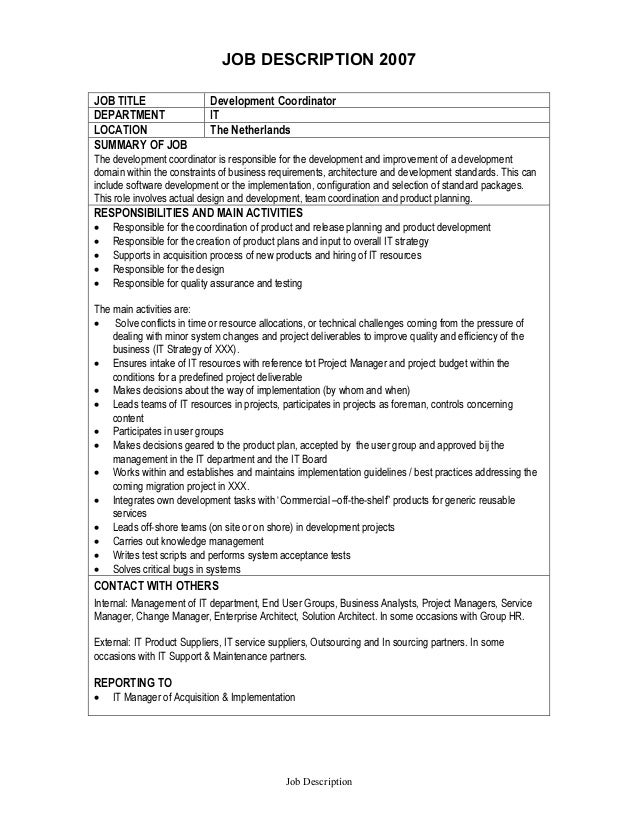 job description development coordinator it coordinator job description