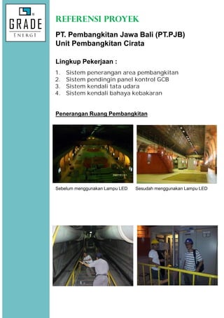 REFERENSI PROYEK
PT. Pembangkitan Jawa Bali (PT.PJB)
Unit Pembangkitan Cirata
1. Sistem penerangan area pembangkitan
2. Sistem pendingin panel kontrol GCB
3. Sistem kendali tata udara
4. Sistem kendali bahaya kebakaran
Lingkup Pekerjaan :
Sebelum menggunakan Lampu LED Sesudah menggunakan Lampu LED
Penerangan Ruang Pembangkitan
 