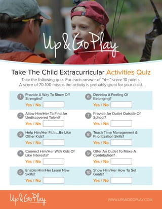 Take The Child Extracurricular Activities Quiz
WWW.UPANDGOPLAY.COM
Take the following quiz. For each answer of “Yes” score 10 points.
A score of 70-100 means the activity is probably great for your child.
1
Provide A Way To Show Off
Strengths?
Yes / No
6
Develop A Feeling Of
Belonging?
Yes / No
2
Allow Him/Her To Find An
Undiscovered Talent?
Yes / No
7
Provide An Outlet Outside Of
School?
Yes / No
3
Help Him/Her Fit In...Be Like
Other Kids?
Yes / No
8
Teach Time Management &
Prioritization Skills?
Yes / No
4
Connect Him/Her With Kids Of
Like Interests?
Yes / No
9
Offer An Outlet To Make A
Contribution?
Yes / No
5
Enable Him/Her Learn New
Skills?
Yes / No
10
Show Him/Her How To Set
Goals?
Yes / No
 