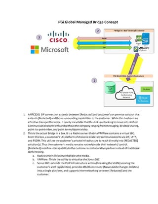 PGi Global Managed Bridge Concept
“Bridge in a Box” Onsite @ Customer
Software
SBC
Radysis
App Servers
Billing
CDR
control
PGI Global PSTN
Conferencing
Network
PGi World Wide Audio Infrastructure
1
2
3
1. A RFC3261 SIP connectionextendsbetween [Redacted] andcustomer’s onpremise solutionthat
extends [Redacted] andthose surroundingcapabilitiestothe customer. Whilethishasbeenan
effectivetransportforvoice,itisonlyinevitablethatthislinksare lookingtomove intoUnified
Communicationsbothwith andwithoutthe companyrangingfrommessaging,desktopsharing,
point-to-pointvideo,andpoint-to-multipointvideo.
2. Thisis the actual Bridge ina Box.It isa RadvisserverthatviaVMWare containsa virtual SBC.
From thisbox,a customer’sUC platformof choice isbilaterallycommunicatedtoviaSIP,sRTP,
and PSOM. This utilizesthe customer’sprivateinfrastructure toreachdirectlyinto[REDACTED]
solution(s).Thusthe customer’smediaremainsnativelyinside theirnetwork/control.
[Redacted] redefinesitscapabilitytothe customerascollaborative partnerinsteadof traditional
conferencing.
a. Radvisserver:Thisserverhandlesthe media.
b. VMWare: Thisisthe utilitytovirtualize the SonusSBC
c. SonusSBC: extendsthe VoIPinfrastructure withoutbreakingthe VLAN (securingthe
customer’sVoIPcapabilities),providesMACDcontinuity(MovesAddsChangesDeletes)
intoa single platform,andsupportsinternetworkingbetween [Redacted] andthe
customer.
 