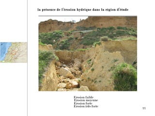 L’érosion hydrique se défini comme la
perte de sol due à l'eau qui arrache et
transporte la terre vers un lieu de
dépôt.
la présence de l’érosion hydrique dans la région d’étude
11
Erosion faible
Erosion moyenne
Erosion forte
Erosion très forte
 