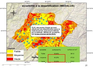 21
sensibilité surface(en%) surface en Km2
Faible 35.60% 381.6
moyenne 44.20% 473.8
haute 20.20% 216.5
 