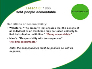 Lesson 6: 1983
Hold people accountable
Definitions of accountability:
• Webster’s: “The property that ensures that the actions of
an individual or an institution may be traced uniquely to
that individual or institution.” “Being accountable.”
• Marc’s: “Responsibility with consequences”
“Holding accountable.”
Note: the consequences must be positive as well as
negative.
 