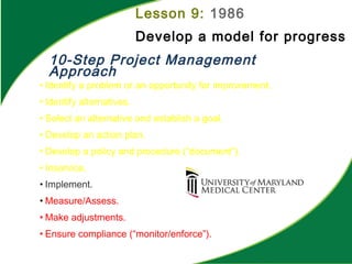 • Identify a problem or an opportunity for improvement.
• Identify alternatives.
• Select an alternative and establish a goal.
• Develop an action plan.
• Develop a policy and procedure (“document”).
• Inservice.
• Implement.
• Measure/Assess.
• Make adjustments.
• Ensure compliance (“monitor/enforce”).
10-Step Project Management
Approach
Lesson 9: 1986
Develop a model for progress
 