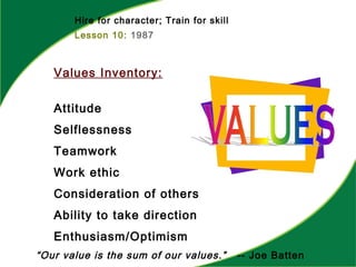 Hire for character; Train for skill
Lesson 10: 1987
Values Inventory:
Attitude
Selflessness
Teamwork
Work ethic
Consideration of others
Ability to take direction
Enthusiasm/Optimism
“Our value is the sum of our values.” -- Joe Batten
 