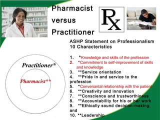 Pharmacist
versus
Practitioner
Pharmacist**
Practitioner*
ASHP Statement on Professionalism
10 Characteristics
1. *Knowledge and skills of the profession
2. *Commitment to self-improvement of skills
and knowledge
3. **Service orientation
4. **Pride in and service to the
profession
5. *Convenantal relationship with the patient
6. **Creativity and innovation
7. **Conscience and trustworthiness
8. **Accountability for his or her work
9. **Ethically sound decision-making;
and
10. **Leadership
 