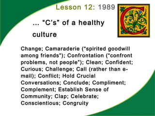 … “C’s” of a healthy
culture
Change; Camaraderie (“spirited goodwill
among friends”); Confrontation (“confront
problems, not people”); Clean; Confident;
Curious; Challenge; Call (rather than e-
mail); Conflict; Hold Crucial
Conversations; Conclude; Compliment;
Complement; Establish Sense of
Community; Clap; Celebrate;
Conscientious; Congruity
Lesson 12: 1989
 