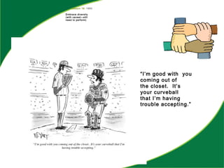 Lesson 16: 1993
Embrace diversity
(with caveat—still
need to perform)
“I’m good with you
coming out of
the closet. It’s
your curveball
that I’m having
trouble accepting.”
 