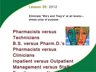 Lesson 35: 2012
Eliminate “We’s and They’s” at all levels—
stress unity of purpose
Pharmacists versus
Technicians
B.S. versus Pharm.D.’s
Pharmacists versus
Clinicians
Inpatient versus Outpatient
Management versus Staff
 