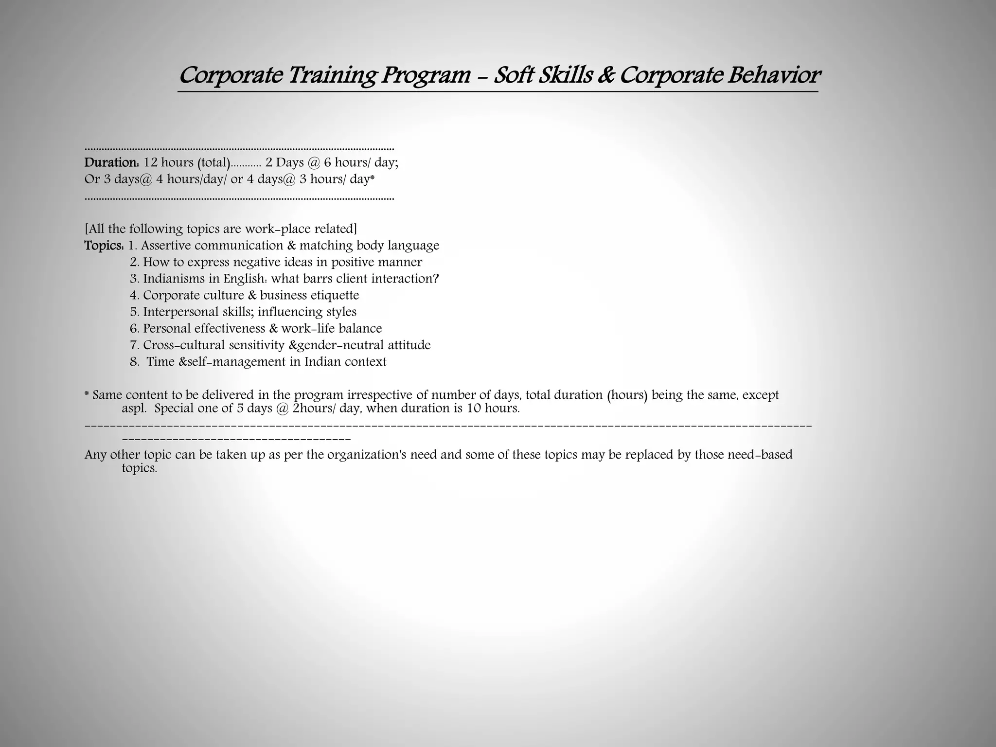 Corporate Training Program - Soft Skills & Corporate Behavior
................................................................................................................
Duration: 12 hours (total)........... 2 Days @ 6 hours/ day;
Or 3 days@ 4 hours/day/ or 4 days@ 3 hours/ day*
................................................................................................................
[All the following topics are work-place related]
Topics: 1. Assertive communication & matching body language
2. How to express negative ideas in positive manner
3. Indianisms in English: what barrs client interaction?
4. Corporate culture & business etiquette
5. Interpersonal skills; influencing styles
6. Personal effectiveness & work-life balance
7. Cross-cultural sensitivity &gender-neutral attitude
8. Time &self-management in Indian context
* Same content to be delivered in the program irrespective of number of days, total duration (hours) being the same, except
aspl. Special one of 5 days @ 2hours/ day, when duration is 10 hours.
------------------------------------------------------------------------------------------------------------------
------------------------------------
Any other topic can be taken up as per the organization's need and some of these topics may be replaced by those need-based
topics.
 