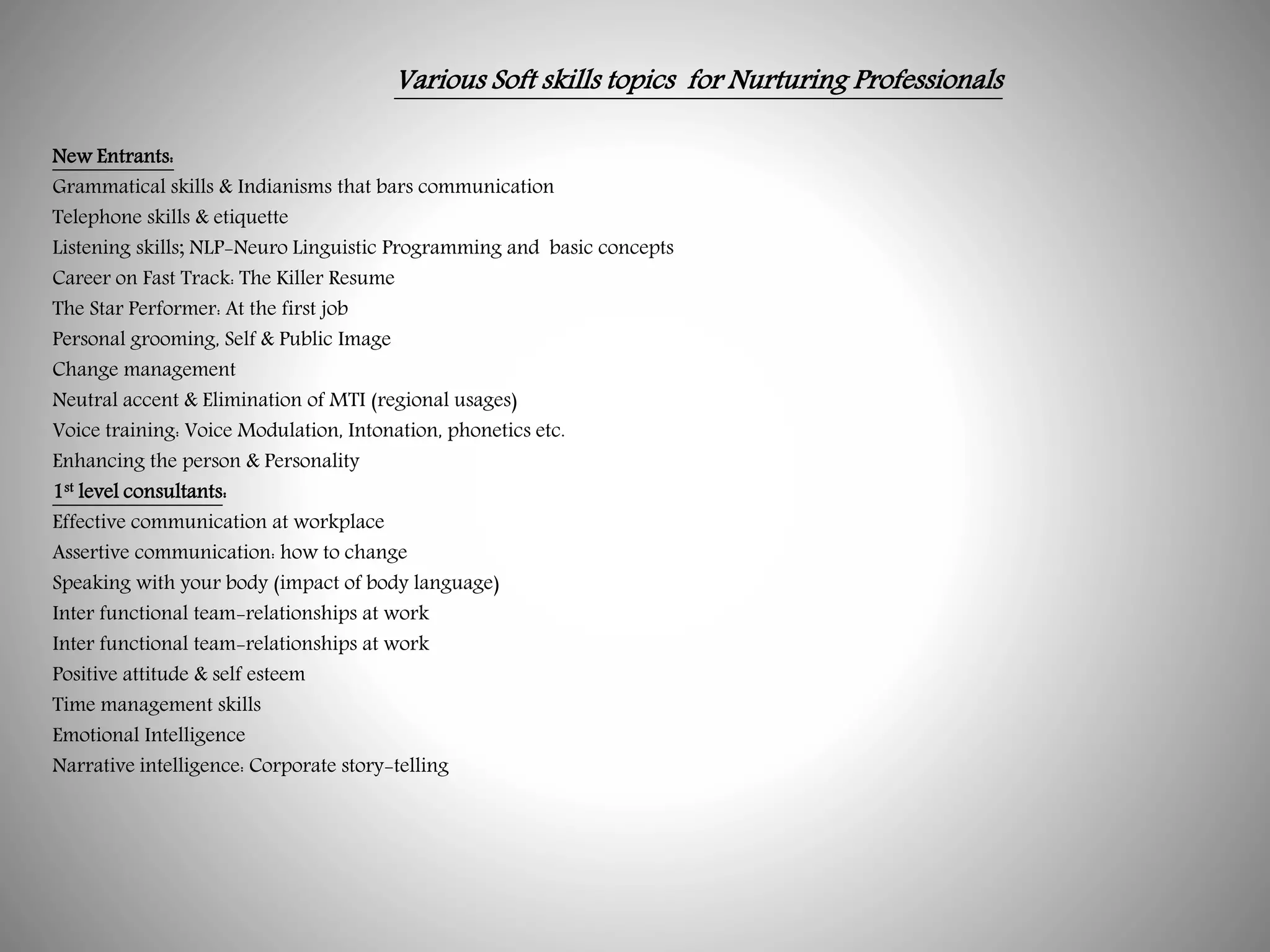 Various Soft skills topics for Nurturing Professionals
New Entrants:
Grammatical skills & Indianisms that bars communication
Telephone skills & etiquette
Listening skills; NLP-Neuro Linguistic Programming and basic concepts
Career on Fast Track: The Killer Resume
The Star Performer: At the first job
Personal grooming, Self & Public Image
Change management
Neutral accent & Elimination of MTI (regional usages)
Voice training: Voice Modulation, Intonation, phonetics etc.
Enhancing the person & Personality
1st level consultants:
Effective communication at workplace
Assertive communication: how to change
Speaking with your body (impact of body language)
Inter functional team-relationships at work
Inter functional team-relationships at work
Positive attitude & self esteem
Time management skills
Emotional Intelligence
Narrative intelligence: Corporate story-telling
 