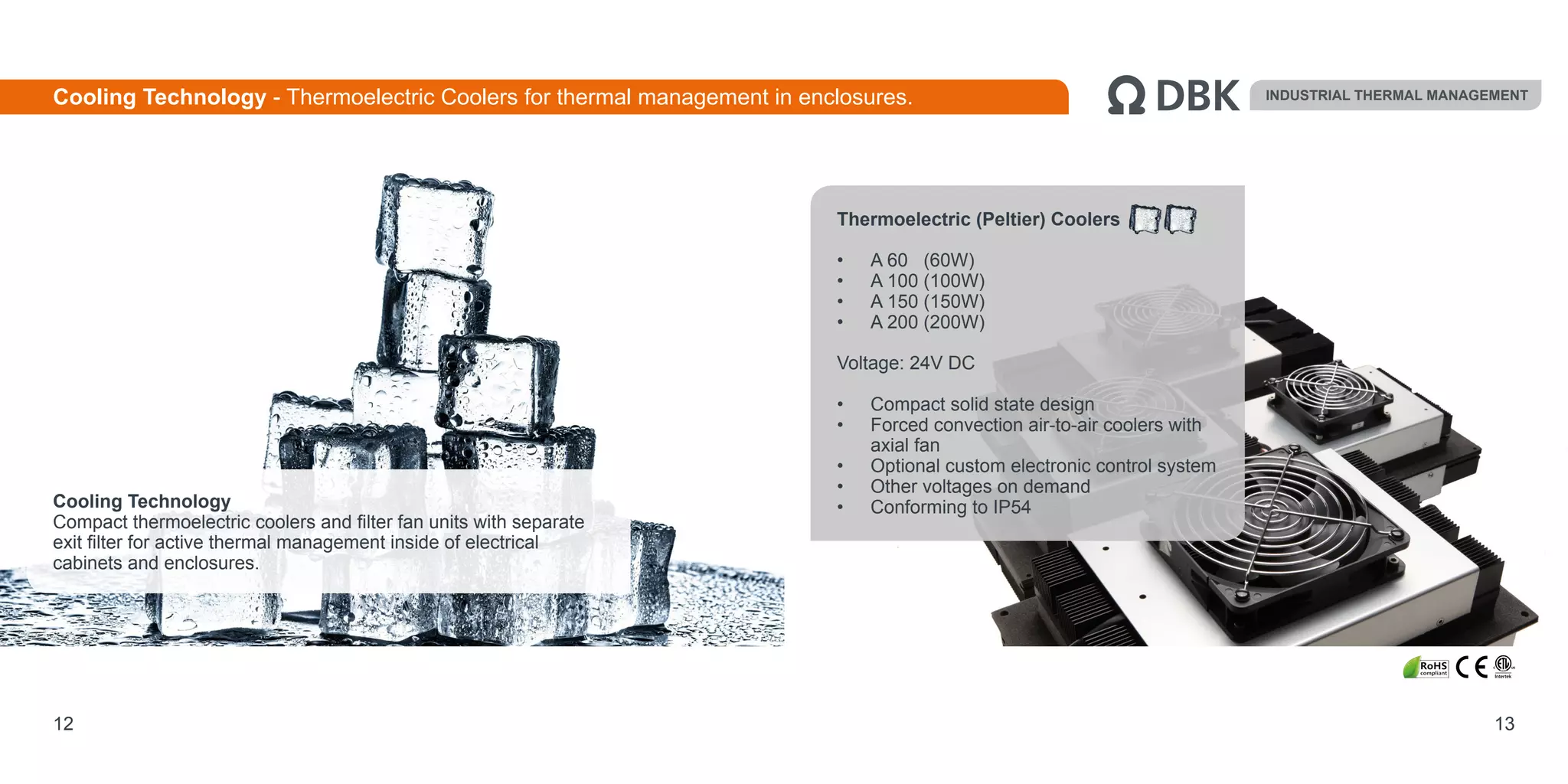 12 13
Thermoelectric (Peltier) Coolers
•	 A 60 (60W)
•	 A 100 (100W)
•	 A 150 (150W)
•	 A 200 (200W)
Voltage: 24V DC
•	 Compact solid state design
•	 Forced convection air-to-air coolers with
axial fan
•	 Optional custom electronic control system
•	 Other voltages on demand
•	 Conforming to IP54
INDUSTRIAL THERMAL MANAGEMENTCooling Technology - Thermoelectric Coolers for thermal management in enclosures.
Cooling Technology
Compact thermoelectric coolers and filter fan units with separate
exit filter for active thermal management inside of electrical
cabinets and enclosures.
 