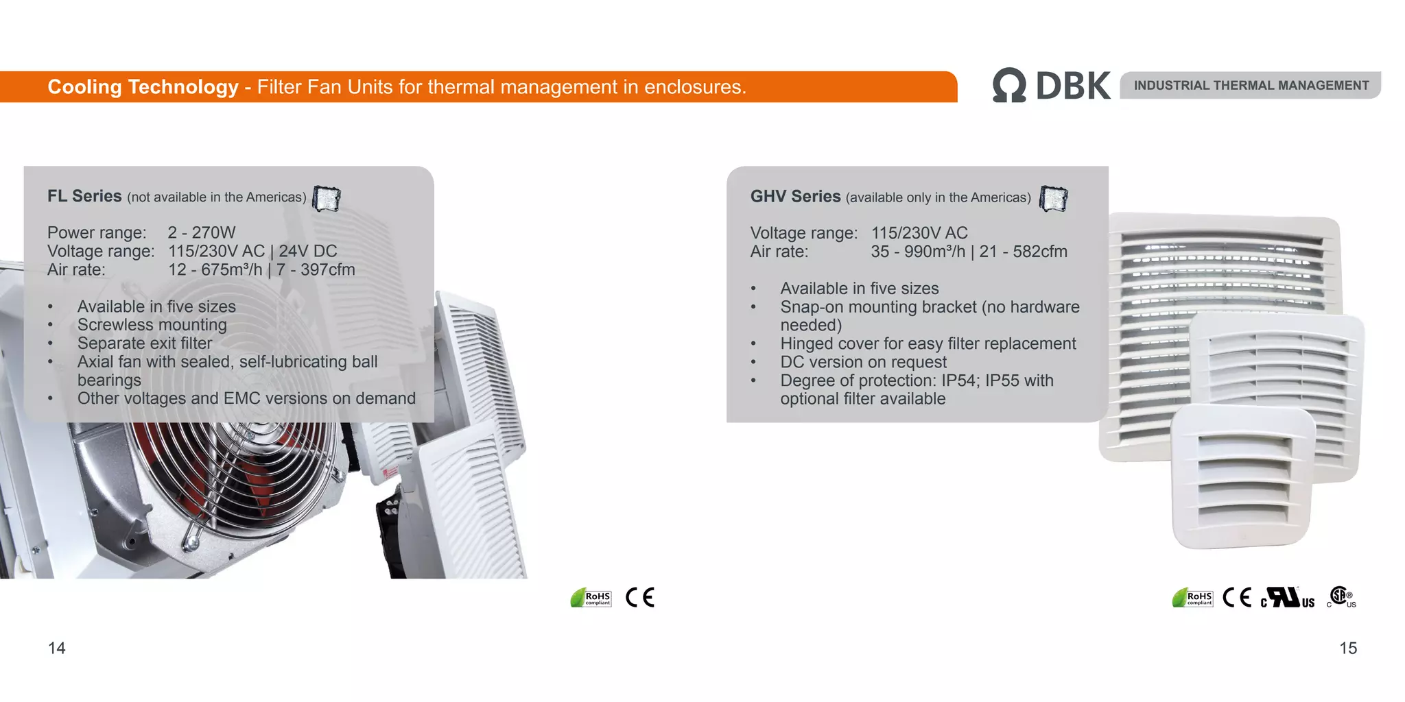 14 15
FL Series (not available in the Americas)
Power range:	 2 - 270W
Voltage range:	 115/230V AC | 24V DC
Air rate: 	 12 - 675m³/h | 7 - 397cfm
•	 Available in five sizes
•	 Screwless mounting
•	 Separate exit filter
•	 Axial fan with sealed, self-lubricating ball
bearings
•	 Other voltages and EMC versions on demand
GHV Series (available only in the Americas)
Voltage range: 	 115/230V AC
Air rate: 	 35 - 990m³/h | 21 - 582cfm
•	 Available in five sizes
•	 Snap-on mounting bracket (no hardware
needed)
•	 Hinged cover for easy filter replacement
•	 DC version on request
•	 Degree of protection: IP54; IP55 with
optional filter available
INDUSTRIAL THERMAL MANAGEMENTCooling Technology - Filter Fan Units for thermal management in enclosures.
 