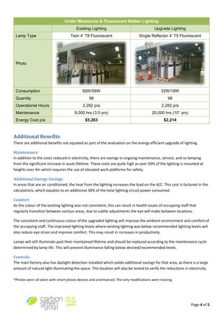 Page 4 of 5
Under Mezzanine & Fluorescent Batten Lighting
Existing Lighting Upgrade Lighting
Lamp Type Twin 4’ T8 Fluorescent Single Reflector 4’ T5 Fluorescent
Photo
Consumption 92W/56W 32W/16W
Quantity 98 98
Operational Hours 2,282 p/a 2,282 p/a
Maintenance 8,000 hrs (3.5 yrs) 20,000 hrs (10+
yrs)
Energy Cost p/a $5,263 $2,214
Additional Benefits
There are additional benefits not equated as part of the evaluation on the energy efficient upgrade of lighting.
Maintenance
In addition to the costs reduced in electricity, there are savings in ongoing maintenance, service, and re-lamping
from the significant increase in asset lifetime. These costs are quite high as over 50% of the lighting is mounted at
heights over 4m which requires the use of elevated work platforms for safety.
Additional Energy Savings
In areas that are air conditioned, the heat from the lighting increases the load on the A/C. This cost is factored in the
calculations, which equates to an additional 30% of the total lighting circuit power consumed.
Comfort
As the colour of the existing lighting was not consistent, this can result in health issues of occupying staff that
regularly transition between various areas, due to subtle adjustments the eye will make between locations.
The consistent and continuous colour of the upgraded lighting will improve the ambient environment and comfort of
the occupying staff. The improved lighting levels where existing lighting was below recommended lighting levels will
also reduce eye strain and improve comfort. This may result in increases in productivity.
Lamps will still illuminate past their maintained lifetime and should be replaced according to the maintenance cycle
determined by lamp life. This will prevent illuminance falling below desired/recommended levels.
Controls
The main factory also has daylight detection installed which yields additional savings for that area, as there is a large
amount of natural light illuminating the space. This location will also be tested to verify the reductions in electricity.
*Photos were all taken with smart phone devices and unenhanced. The only modifications were resizing.
 