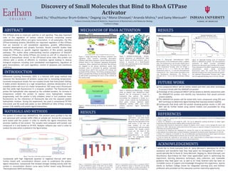 Discovery of Small Molecules that Bind to RhoA GTPase
Activator
David Xu,a Khuchtumur Brum-Erdene,a Degang Liu,a Mona Ghozayel,a Ananda Mishra,b and Samy Meroueha
aIndiana University School of Medicine, Department of Biochemistry and Molecular Biology
b Earlham College
ABSTRACT
Rho GTPases serve as molecular switches in cell signaling. They play important
roles in the regulation of various cellular functions comprising several
cytoskeleton-related effects and gene transcription. In all eukaryotes, the Rho
GTPase-activating proteins (RhoGAPs) are important regulators of Rho GTPases
that are essential in cell cytoskeletal regulations, growth, differentiation,
neuronal development and synaptic functions. Recent scientific studies have
linked Rho GTPases as specific negative regulators of Rho protein signaling
pathways. The studies allow understanding reaction progression of RhoGAP-
catalyzed GTPase. Rho family GTPases are turned on and off in response to a
variety of extracellular stimuli. In the GTP-bound active state, Rho protein can
interact with a variety of effectors to transduce signals leading to diverse
biological responses including actin cytoskeletal rearrangements, regulation of
gene transcriptions, cell cycle regulation, control of apoptosis and membrane
trafficking.
INTRODUCTION
Differential scanning fluorimetry (DSF) is a thermal shift assay method that
measures the denaturation of proteins caused due to increasing temperature.
Increased temperature breaks the non-covalent bonds that hold protein folding.
A stable protein denatures at a high temperature, whereas denaturation of an
unstable protein will occur at a lower temperature. DSF assay uses a fluorescent
dye that yields high fluorescence in a nonpolar condition. The fluorescent dye
probes the hydrophobic sites exposed on the unfolded proteins. An increase in
temperature unfolds the protein to expose more hydrophobic residues
progressively, until the protein is fully unfolded, which in turn produces more
fluorescence by the interaction of fluorescent dye and the exposed protein
hydrophobic residues. During the experiment, we used a conventional RT-PCR
instrument and 96 multi-well plates to test ARHGAP11A (Rho GTPase activing
protein 11A) stability and protein-ligand interactions.
MATERIALS AND METHODS
RESULTS
ACKNOWLEDGEMENTS
RESULTS
MECHANISM OF Rh0A ACTIVATION
1. Moon S.Y., Zheng Y. January 2003. Rho GTPase-activating proteins in cell regulation. Trends in Cell Bilogy Volume
13, Issue 1, Pages 13–22
2. Niesen FH, Berglund H, and Vedadi M. 2007. The use of differential scanning fluorimetry to detect ligand
interactions that promote protein stability. Nature Protocols 2:2212-2221.
3. Pantoliano MW, Petrella EC, Kwasnoski JD, Lobanov VS, Myslik J, Graf E, Carver T, Asel E, Springer BA, Lane P, and
Salemme F.R. 2001. High-density miniaturized thermal shift assays as a general strategy for drug discovery. Journal
of Biomolecular Screening 6:429-440.
4. Semisotnov GV, Rodionova NA, Razgulyaev OI, Uversky VN, Gripas AF, and Gilmanshin RI. 1991. Study of the
molten globule intermediate state in protein folding by a hydrophobic fluorescent probe. Biopolymers 31:119-128
5. Niesen, F.H., Berglund, H. & Vedadi, M. The use of differential scanning ﬂuorimetry to detect ligand interactions
that promote protein stability. Nature protocols. doi:10.103 VOL.2 NO.9, 2212-2221 (2007)
6. Vivoli M, Novak HR, Littlechild JA, and Harmer NJ. 2014. Determination of protein-ligand interactions using
differential scanning fluorimetry. Jove-Journal of Visualized Experiments.
The protein of interest was ARHGAP11A. The proteins were purified in the lab
and optimized with suitable buffer (PBS) at suitable pH. Around 65 compounds
were tested with the protein in order to identify the ligand interactions that
promote stability of this protein. The samples were prepared with protein and
compound in it and loaded on RT-PCR. Realplex software was used in order to
analyze the data which is plotted in the figure below.
Figure 1. Flow chart of DSF data analysis and display
Compounds with high magnitude (positive or negative) thermal shift were
further tested with concentration dilution curve to understand the protein
ligand interactions. Compounds that showed stronger binding activity with the
protein in concentration dilution curve were further tested using Microscale
Thermophoresis (MST) technology.
Stephan Huveneers, and Erik H. J. Danen J Cell Sci 2009;122:1059-1069, Journal of Science
Figure 2. Image describing Rho-GTPases activation and
regulation cycle. Guanine nucleotide dissociation
inhibitors (Rho-GDIs) sequester inactive GDP-bound Rho-
GTPases (Rho) in the cytoplasm regulating intracellular
localization. When released from Rho-GDIs, Rho-GTPases
are targeted to the plasma membrane, where their
activation cycle is monitored by guanine nucleotide
exchange factors (GEFs) that promote GTP loading and
activation of Rho-GTPases. The GTPase-activating proteins
(GAPs) inactivate Rho-GTPases by fostering GTP hydrolysis
to GDP further accelerating the return of the proteins to
the inactive state.
Melt Curve
Melt Peak
Figure 6. Overview of a DSF
experiment – top panel shows
the melt curves, bottom panel
shows the first derivative of the
melt curves. In this case, we
have proteins at 2.5 μM,
compounds at 5 μM and sample
controls. The sample control
curves are red. Most of the
curves show a melting
temperature(Tm) at around
45°C. The compounds tested
are ARG01-ARG40.
-1.2
-1
-0.8
-0.6
-0.4
-0.2
0
25 6.25 1.56 0.39 0.098
Tmshift
Concentration (μL)
Tm shift vs Concentration
(ARG16)
First set Duplicate
-1.2
-1
-0.8
-0.6
-0.4
-0.2
0
0.2
50 12.5 3.12 0.8 0.2
Tmshift
Concentration(μL)
Tm Shift vs Concentration
(ARG 37)
1st 2nd 3rd
Figure 7. Concentration dilution graph of compound ARG16.
2.5 μM of ARHGAP11A protein in PBS buffer and 1% DMSO
mixed with compound ARG16 at varying concentrations 25
μM, 6.25 μM, 1.56 μM, 0.39 μM, and 0.098 μM respectively.
Figure 8. Concentration dilution graph of compound ARG37.
2.5 μM of ARHGAP11A protein in PBS buffer and 1% DMSO
mixed with compound ARG37 at varying concentrations 50
μM, 12.5 μM, 3.125 μM, 0.78 μM, and 0.20 μM respectively.
Figure 9. Microscale thermophoresis (MST).
Measurement of the fluorescence inside a capillary
tube. The fluorescence in the IR-Laser heated spot is
plotted against time. The fluorescence changes due
to the temperature increase when the IR-laser is
switched on at t = 5 s. There are two effects:
temperature jump at ≈ 3 s and the thermophoretic
movement at ≈ 30 s. These results contribute to the
new fluorescence distribution. The IR-laser is
switched off (t = 35 s), and the molecules diffuse
back.
Figure 10. Sigmoidal binding curve of compound
ARG37 in ARHGAP11A protein. The thermophoretic
movement of ARG37 increases (normalized
fluorescence decreases) upon binding of the protein.
Three replicates of the ARG37 compounds at varying
concentrations shows steady normalized
fluorescence value. The results form the curve
illustrates binding of the compound with the protein.
The obtained Disassociation Constant (KD) value
from the sigmoidal binding curve is 45.5+/-3.91 μM.
I would like to thank everyone from Dr. Samy Meroueh’s laboratory for all the
assistance and wonderful help they have given me throughout the summer. I
would specially like to thank Dr. Samy Meroueh, Degang Liu, Mona Ghozayel, and
Khuchtumur Bum-Erdene for their most appreciated assist in performing the
experiment, learning laboratory techniques, data collection, and invaluable
guidance they have given me, as well as Dr. Andy Hudmon who has been an
incredible source of support and knowledge throughout this experience. Special
thanks to Earlham College Center for Integrated Learning (CIL) and Earlham
professors who provided me this awesome summer internship opportunity.
FUTURE WORK
REFERENCES
 The compound ARG37 will be further tested with MST and other techniques
to ensure it binds with the ARHGAP11A protein
 Homologs of the compound ARG37 will be tested to identify interactions with
the ARHGAP11A protein and identify any interactions that would promote
protein stability
 The ARHGAP11A protein will be tested with more compounds using DSF and
MST technique to determine ligand binding that improves protein stability
 Compounds that binds with the protein showing positive results in DSF and
MST will be further tested using animal models and proceeded for drug
screening
Figure 3. ARHGAP11A-RhoA.png – Protein-
protein interaction of ARHGAP11A (PDB:
3eap.A, white) and RhoA (1ow3.A, cyan) in
cartoon. A structure of a RhoA-RhoGAP
complex was superimposed on the monomer
structure of ARHGAP11A.
Virtual Screening – AutoDock Vina
~5.9 Million Compounds (PAINS/REOS filtered) to ARHGAP11A-RhoA interface
Rescoring of Docked Poses – SVMGEN
Collect Top 10000 from ~5.9 Million Compounds
Rescore of Top Compounds – GlideSP
Collect Top 1000 from Top 10000
Clustering of Top Hits
Top 1000 to 50 Compounds
Experimental Validation
11 Compounds
Figure 5. Virtual screening workflow for the discovery of
ARG037.
Figure 4. ARHGAP11A-ARG037.png – Binding
mode of ARG037 with ARHGAP11A (PDB:
3eap.A). The hit compound is shown in
transparent blue spheres. The protein
surrounding the compound is shown as a
surface render colored by hydrophobicity.
More green surfaces represent higher
hydrophilic residues while more brown
surfaces represent higher hydrophobic
residues.
 