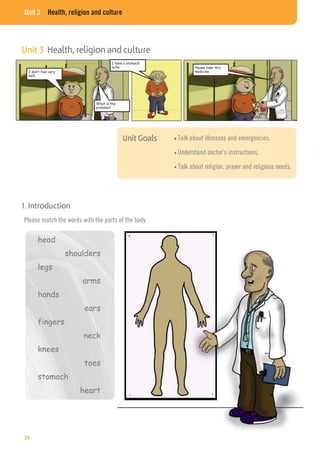 Unit 3 Health, religion and culture
Please match the words with the parts of the body.
Talk about illnesses and emergencies.
Understand doctor’s instructions.
Talk about religion, prayer and religious needs.
24
 