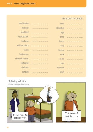 Unit 3 Health, religion and culture
constipation ……………………
vomiting ……………………
nosebleed ……………………
heart attack ……………………
headache ……………………
asthma attack ……………………
stroke ……………………
broken arm ……………………
stomach cramps ……………………
toothache ……………………
dizziness ……………………
earache ……………………
head ……………………
shoulders ……………………
legs ……………………
arms ……………………
hands ……………………
ears ……………………
fingers ……………………
neck ……………………
knees ……………………
toes ……………………
stomach ……………………
heart ……………………
……
…………………
Please complete the dialogue.
26
 