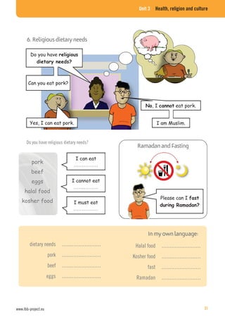 Unit 3 Health, religion and culture
Do you have religious dietary needs?
……………
……………
……………
dietary needs ……………………
pork ……………………
beef ……………………
eggs ……………………
Halal food ……………………
Kosher food ……………………
fast ……………………
Ramadan ……………………
www.lbb-project.eu 31
 