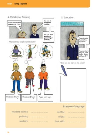 Unit 4 Living Together
What
can I do?
You can do
.
You can learn
,
or
.
Please can I learn
………………………… ?
Please can I learn
………………………… ?
Please can I learn
………………………… ?
What do these people want to learn?
4. Vocational Training 5. Education
You can also
learn other
subjects.
You can learn
English, Art,
Music, Basic
skills or I.T.
What can you learn in the prison?
vocational training ……………………
gardening ……………………
woodwork ……………………
painting ……………………
subject ……………………
basic skills ……………………
36
 