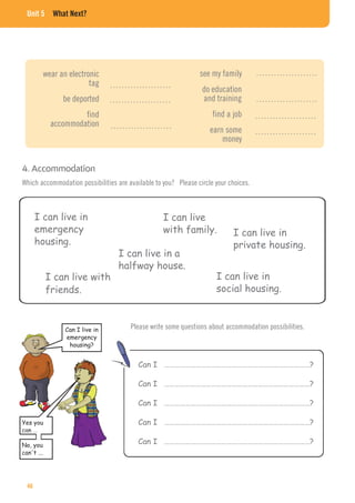 Unit 5 What Next?
I can live in
emergency
housing.
4. Accommodation
Which accommodation possibilities are available to you? Please circle your choices.
I can live in a
halfway house.
I can live in
private housing.
I can live in
social housing.
I can live
with family.
I can live with
friends.
Can I live in
emergency
housing?
Yes you
can ...
No, you
can't ...
Please write some questions about accommodation possibilities.
Can I …………………………………………………………………………?
Can I …………………………………………………………………………?
Can I …………………………………………………………………………?
Can I …………………………………………………………………………?
Can I …………………………………………………………………………?
wear an electronic
tag
be deported
find
accommodation
see my family
do education
and training
find a job
earn some
money
…………………
…………………
…………………
…………………
…………………
…………………
…………………
46
 
