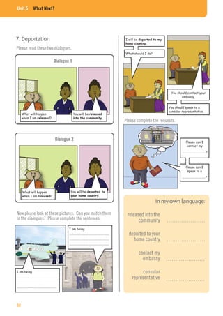 Unit 5 What Next?
7. Deportation
Please read these two dialogues.
What will happen
when I am ?
Dialogue 1
You will be
.
What will happen
when I am ?
Dialogue 2
You will be
.
Now please look at these pictures. Can you match them
to the dialogues? Please complete the sentences.
I am being
…………………………………………………
…………………………………………………
…………………………………………………
I am being
…………………………………………………
…………………………………………………
…………………………………………………
I will be
You should contact your
embassy.
What should I do?
You should speak to a
consular representative.
Please can I
contact my
……………………………?
Please can I
speak to a
……………………………?
Please complete the requests.
released into the
community
deported to your
home country
contact my
embassy
consular
representative
…………………
…………………
…………………
…………………
50
 