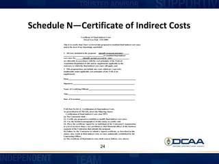 Schedule N—Certificate of Indirect Costs
Certificate of Final Indirect Costs
Fiscal Year End - 3/31/2009
This is to certify that I have reviewed this proposal to establish final indirect cost rates
and to the best of my knowledge and belief:
1. All costs included in the proposal (identify proposal and date]
to establish final indirect
cost rates for (identify period covered by rate)
are allowable in accordance with the cost principles of the Federal
Acquisition Regulation (FAR) and its supplements applicable to the
contracts to which the final indirect cost rates will apply; and
2. This proposal does not include any costs which are expressly
unallowable under applicable cost principles of the FAR or its
supplements.
Firm:
Signature:
Name of Certifying Official:
Title:
Date of Execution:
FAR Part 52.242-4-- Certification of Final Indirect Costs.
As prescribed in 42.703-2(f), insert the following clause:
Certification of Final Indirect Costs (Jan 1997)
(a) The Contractor shall --
(1) Certify any proposal to establish or modify final indirect cost rates;
(2) Use the format in paragraph (c) of this clause to certify; and
(3) Have the certificate signed by an individual of the Contractor's organization
at a level no lower than a vice president or chief financial officer of the business
segment of the Contractor that submits the proposal.
(b) Failure by the Contractor to submit a signed certificate, as described in this
clause, may result in final indirect costs at rates unilaterally established by the
Contracting Officer.
(c) The certificate of final indirect costs shall read as follows: (see above)
24
 